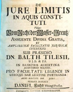De Jure Limitis In Aquis Constituti. Vulgo: Vom Recht der Wasser-Grentz