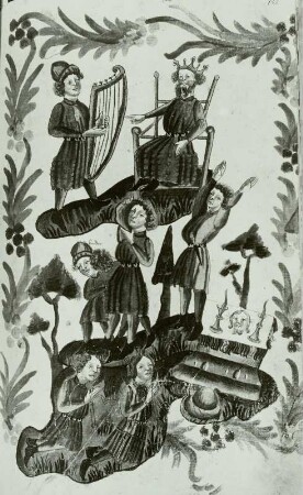 David vor Saul und Betende : David vor Saul und Betende. Illustration in einem Lehrbuch der Astronomie. Zeichnung. Mittelrheinisch, um 1450. Berlin: Staatsbibliothek zu Berlin - Preußischer Kulturbesitz Ms. Germ. fol. 244, Blatt 182r