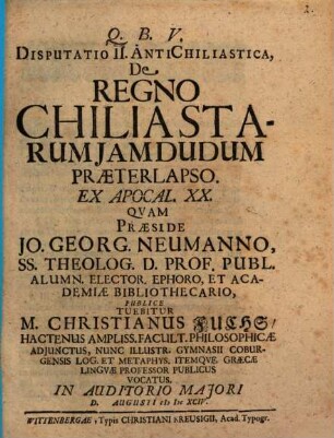 De regno chiliastarum iam dudum praeterlapso, ex Apoc. XX