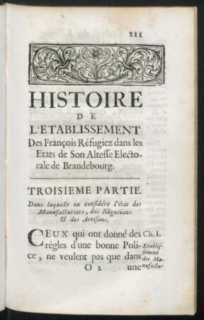 ... Troisieme Partie. Dans laquelle on considére l'état des Manufacturiers, des Négocians & des Artisans.