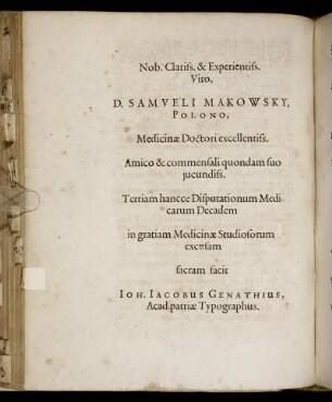 Nob. Clariss. & Experientiss. Viro, D. Samueli Makowsky, Polono, [...]