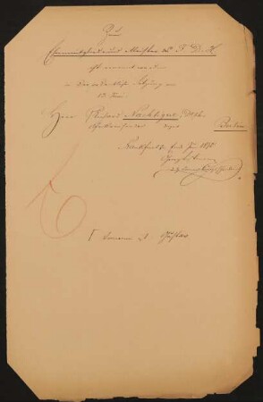 Liste "Zum Ehrenmitgliede und Meister des F.D.H. ist ernannt worden in der ordentlichen Sitzung am 13. Juni [1875]"