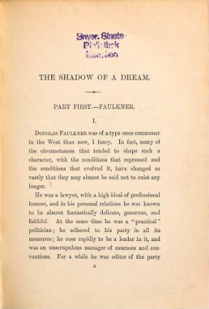 The shadow of a dream : A Novel by William D. Howells