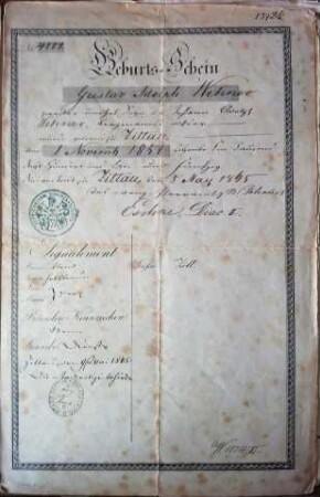 Geburts-Schein für Gustav Adolph Wehner