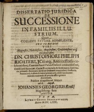 Dissertatio Iuridica De Successione In Familiis Illustrium