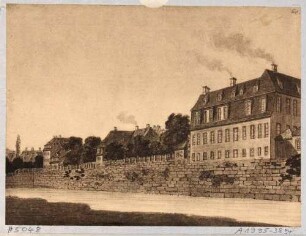 Blatt 60 aus "Dresdens Festungswerke im Jahre 1811" vor der Demolierung: Blick von der Brücke am Pirnaischen Tor nach NO über den Stadtgraben auf die Häuser auf der äußeren Stadtgrabenmauer