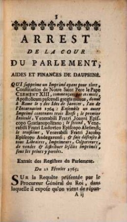 Arrest de la cour du Parlement de Dauphiné : du 21. Fevr. 1765