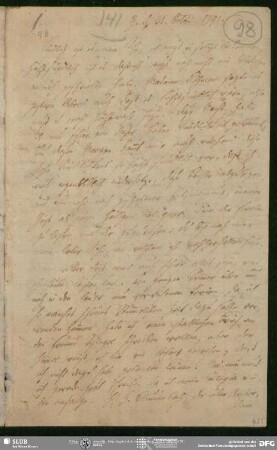 Eigenh. Brief von Gottfried August Bürger an August Wilhelm von Schlegel, Göttingen, 31.10.1791