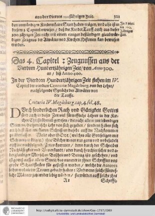 Das 4. Capitel : Zeugnussen aus der Vierdten Hundertjährigen Zeit / von Anno 300. an / biß Anno 400