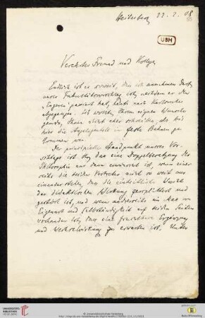 Brief von Wilhelm Windelband an Heinrich Rickert