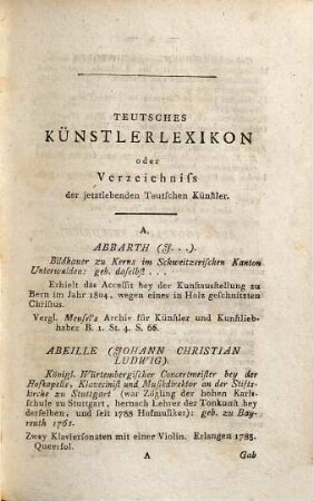 Teutsches Künstlerlexikon oder Verzeichniss der jetztlebenden teutschen Künstler : nebst einem Verzeichniss sehenswürdiger Bibliotheken, Kunst-, Münz- und Naturalienkabinette in Teutschland und in der Schweiz, 1