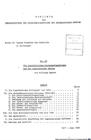Die jugoslawischen Wirtschaftsreformen und das jugoslawische System