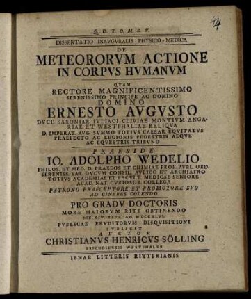 Dissertatio Inauguralis Physico-Medica De Meteororum Actione In Corpus Humanum