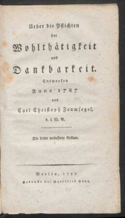 Ueber die Pflichten der Wohlthätigkeit und Dankbarkeit