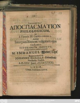 Apospasmation Philologicum, Ad I. Thimoth. III. Capitis comma 15. maxime Interpunctionem vulgatam eius vindicans