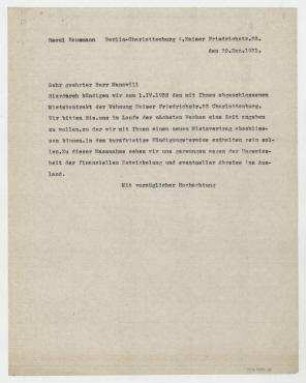 Brief von Raoul Hausmann an [Alfred] Manovill. Berlin