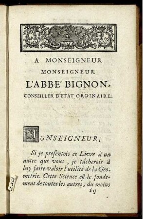 A monseigneur monseigneur l'abbe' bignon, conseiller d'etat ordinaire.