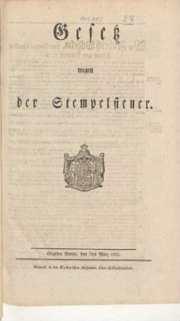 Gesetz wegen der Stempelsteuer : Gegeben Berlin den 7. März 1822