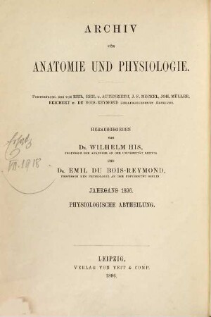 Archiv für Anatomie und Physiologie. Physiologische Abteilung, Archiv für Physiologie. 1896