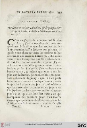 Chapitre LXIX: Description de quelques Médailles, & de quelques Pierres qu’on trouve à Alep. Habillements des Femmes