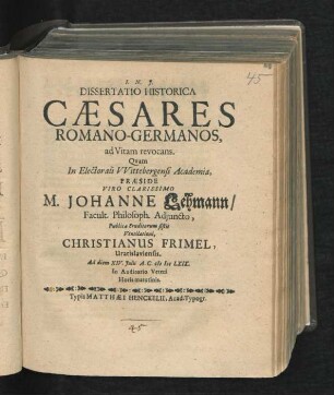 Dissertatio Historica Caesares Romano-Germanos, ad Vitam revocans