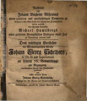 Nachricht von Johann Bozheim Abstemius ..., wobey zugleich das rühmliche Andenken Michael Humelbergs ... erneuert wird ...