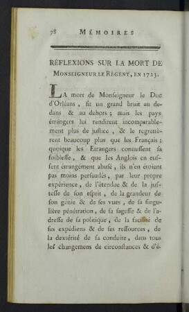 Réflexions sur la Mort de Monseigneur le Régent, en 1723.