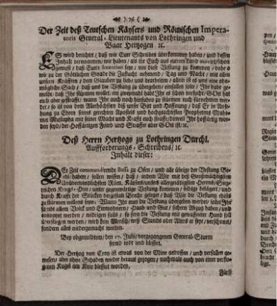 Der zeit deß Teutschen Käysers und Römischen Imperatoris General-Lieutenants von Lothringen und Baar Hertzogen