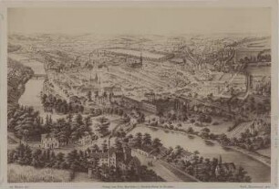 Ansicht von Zwickau, Photographie einer Handzeichnung, um 1879 : [Zwickau aus der Vogelschau] / Ad. Eltzner fec. - Zwickau : Badst_übner , [um 1879]. - 1 Vogelschaubild : Fotogr. ; 28 x 19 cm