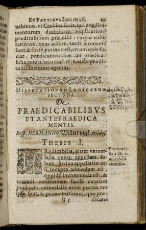 Disputationum Logicarum Secunda. De Praedicabilibus Et Antepraedica Mentis.