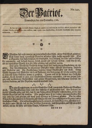No. 140. Donnerstags, den 5ten September, 1726