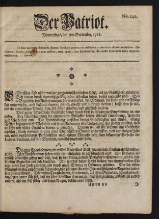 No. 140. Donnerstags, den 5ten September, 1726