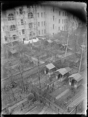 Blick aus dem Fenster auf Kleingärten im Hinterhof einer Mietshaussiedlung