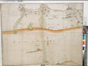 Bentheim (Grafschaft) Münster (Hochstift) Grenze bei Gildehaus, Bentheim, Schüttorf, Ohne und Ochtrup um 1720 o.M. 78 x 103 kol. Zeichnung Bem.: Ortsansichten, Burg Bentheim KSM Nr. 811