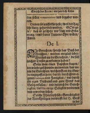 De I. [Erstlich/ wollen wir anzeigen/ wer die Gerechten seyn.]
