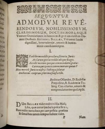 Sequuntur Admodum Reverendorum, Nobilissimorum ... Doctoris Antonii Bullæi, Viri omni laude dignissimi, benevolentiæ, amoris & boniominis causa conscriptæ.
