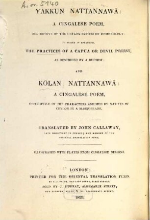 Yakkun nattannawa : a Cingalese poem, descriptive of the Ceylon system of demonology
