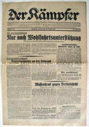 Kommunistische Tageszeitung für den Bezirk Sachsen "Der Kämpfer" zur geplanten Abschaffung der Arbeitslosenversicherung
