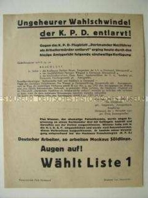 Wahlflugblatt der NSDAP zur Reichstagswahl am 6. November 1932 mit antikommunistischer Ausrichtung