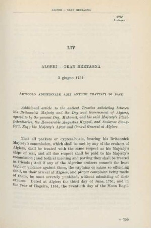 LIV Algeri - Gran Bretagna 3 giugno 1751