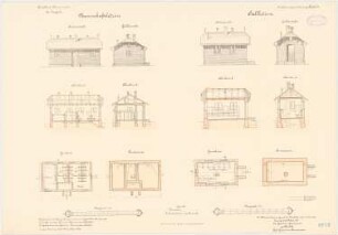 Kavallerie Kasernement, Danzig-Langfuhr Mannschaftslatrine und Stalllatrine: Mannschaftslatrine: Grundriss Fundament, EG, Querschnitt und Längsschnitt, Giebelansicht und Seitenansicht 1:100. Stalllatrine: Grundriss Fundament, EG, Querschnitt und Längsschnitt, Giebelansicht und Seitenansicht 1:100