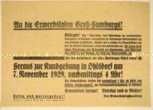 Aufruf und Einladung des Erwerbslosenausschusses zur Kundgebung der Hamburger Arbeiterschaft und Arbeitslosen anlässlich des 7. Jahrestags der Oktoberrevolution auf dem Friedhof in Ohlsdorf