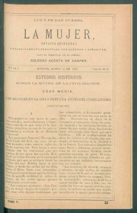 Estudios históricos sobre la mujer en la civilización. (Continuación). : Edad Media. Las mujeres en la Gran Bretaña antes del Cristianismo. [y] Mujeres suecas, noruegas y danesas antes del Cristianismo.