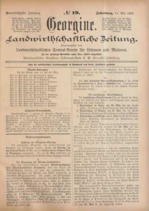 Einundsechzigster Jahrgang. No. 19. Insterburg, 11. Mai 1893.