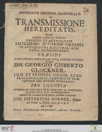 Disputatio Iuridica Inauguralis De Transmissione Hereditatis