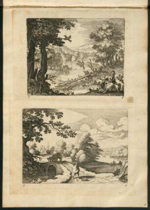30r-30v, Blatt "b" 6: alter Mann am Fluß, zwei Vögel (und) Blatt "b" 5: Steinbrücke mit Fuhrwerk, Mann und Hund
