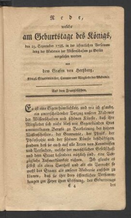 Rede, welche am Geburtstage des Königs, den 25. September 1788. in der öffentlichen Versammlung der Akademie der Wissenschaften zu Berlin vorgelesen worden