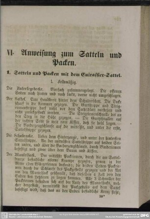 VI. Anweisung zum Satteln und Packen