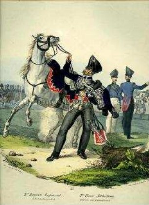 Uniformdarstellung, Husar des 3. Husaren-Regiments (Brandenburgisches), Offizier und Unteroffizier der 3. Pionier-Abteilung, Preußen 1830. Aus: Elzholz u.a.: Das Preussische Heer. Tafel 35.