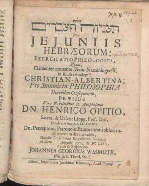 [...] De Jejuniis Hebræorum: Exercitatio Philologica